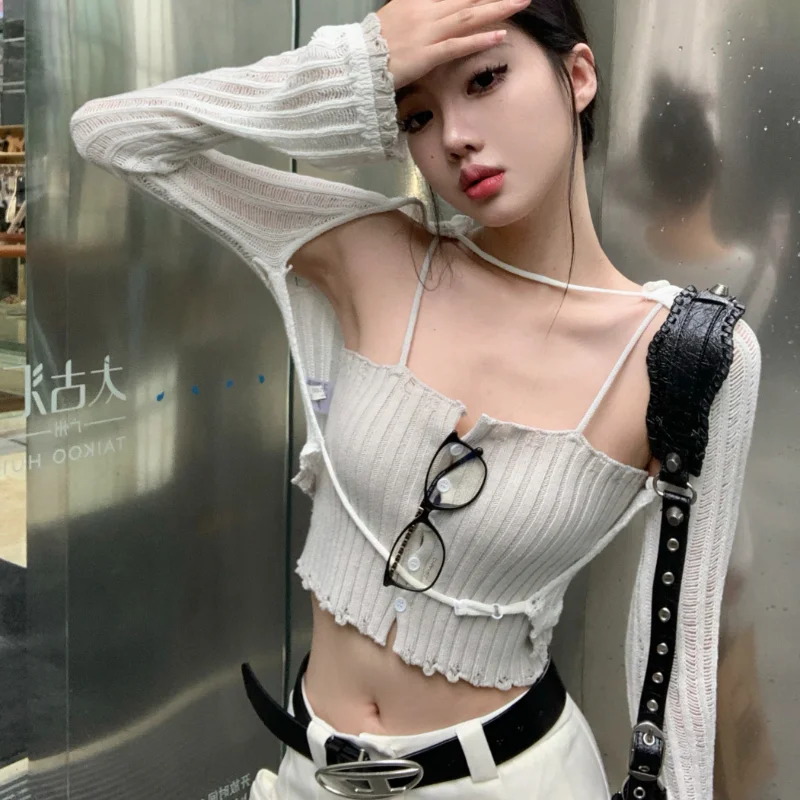 Лето 2023 года для женщин, укороченные топы, Винтажная Корейская ретро уличная трикотажная открытая футболка, уличная футболка