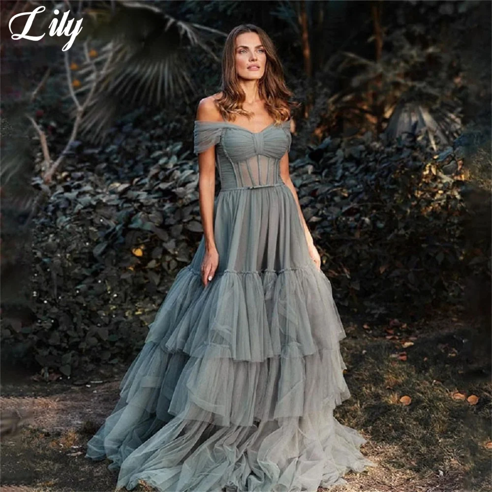 Лили, пыльно-голубое платье для выпускного вечера, многослойные вечерние платья с открытыми плечами, платья знаменитостей, сетчатое свадебное платье вечерние платья