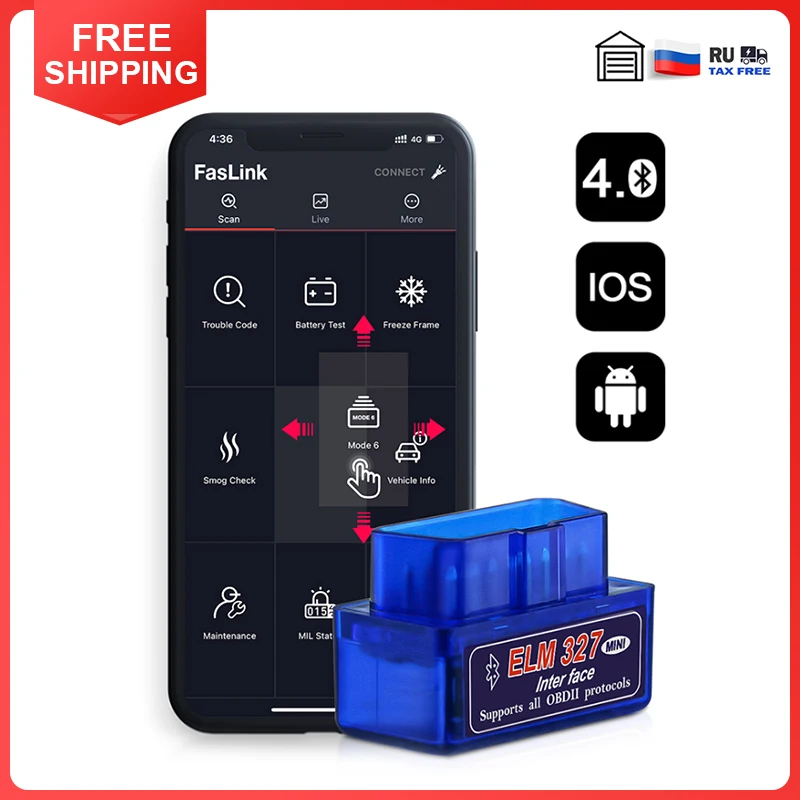 Мини Bluetooth ELM327 V2.1 OBDII для iPhone Бесплатное обновление Автомобильный диагностический сканер OBD2 для проверки считывателя кода двигателя