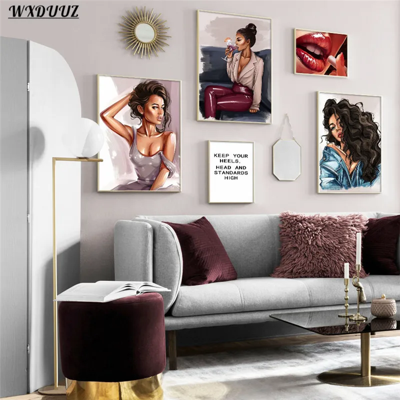 Модная сексуальная девушка, курящая вино с красными губами, плакат в скандинавском стиле, картина на красную стену, домашний декор, гостиная, диван, картина, холст, плакат