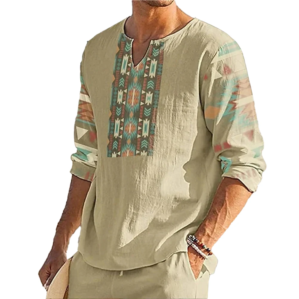 Модные мужские футболки с пейзажным принтом, осень-весна, тонкие майки Henley с V-образным вырезом, футболки, топы, тройники, одежда
