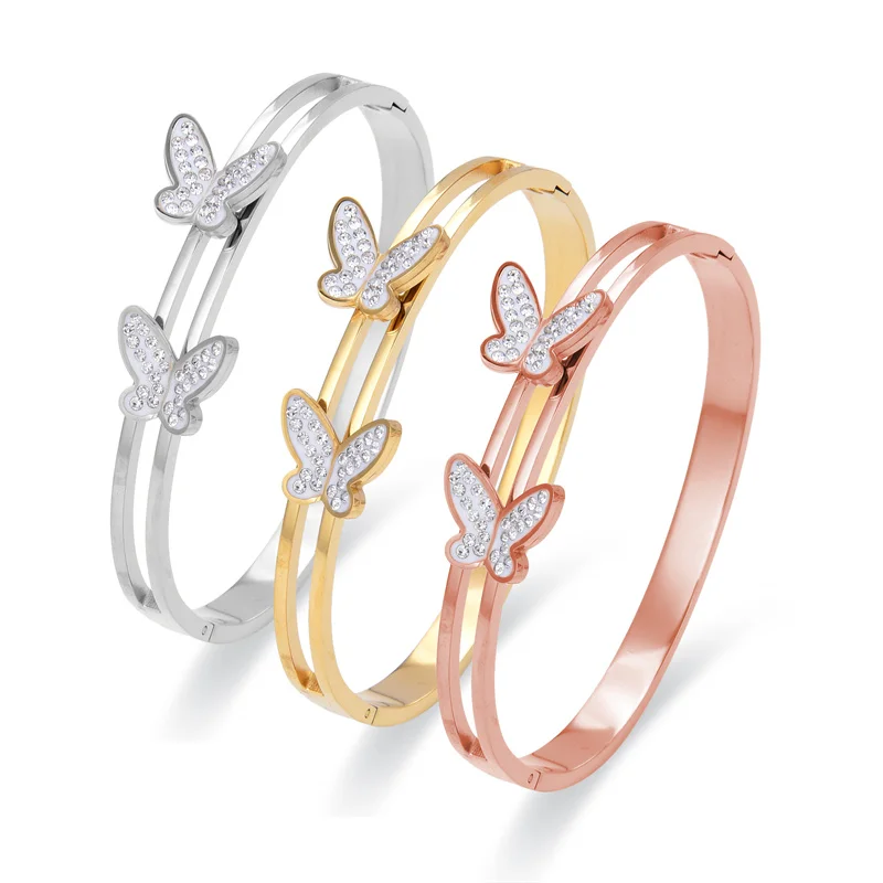 Модный браслет FYSARA с двойной бабочкой из хрусталя, цвет розового золота, женский подарок на день рождения, ювелирные изделия из титановой стали, не выцветают, прямая поставка