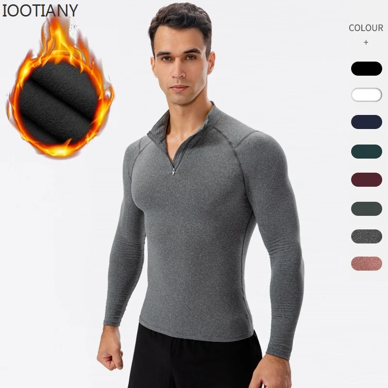 Мужская футболка с длинным рукавом, эластичная облегающая зимняя мужская одежда из тонкого флиса, термофутболки для фитнеса на молнии