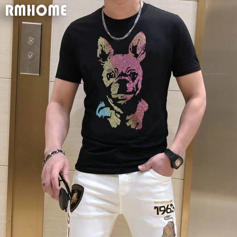 Мужская футболка с коротким рукавом, модная футболка с рисунком собачьей головы, горный хрусталь, уличная одежда из большого хлопка, мужские футболки, модная брендовая одежда