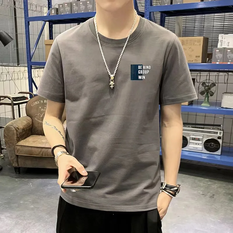 Мужская хлопчатобумажная футболка Повседневные топы с круглым вырезом и буквенным принтом Для подростков с коротким рукавом Корейские модные топы