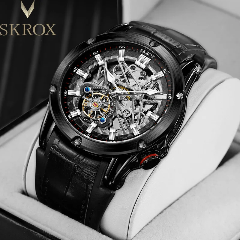Мужские часы SKROX Fashion Tourbillon Skeleton, Роскошное Сапфировое стекло, Натуральная кожа, Водонепроницаемые Автоматические Механические