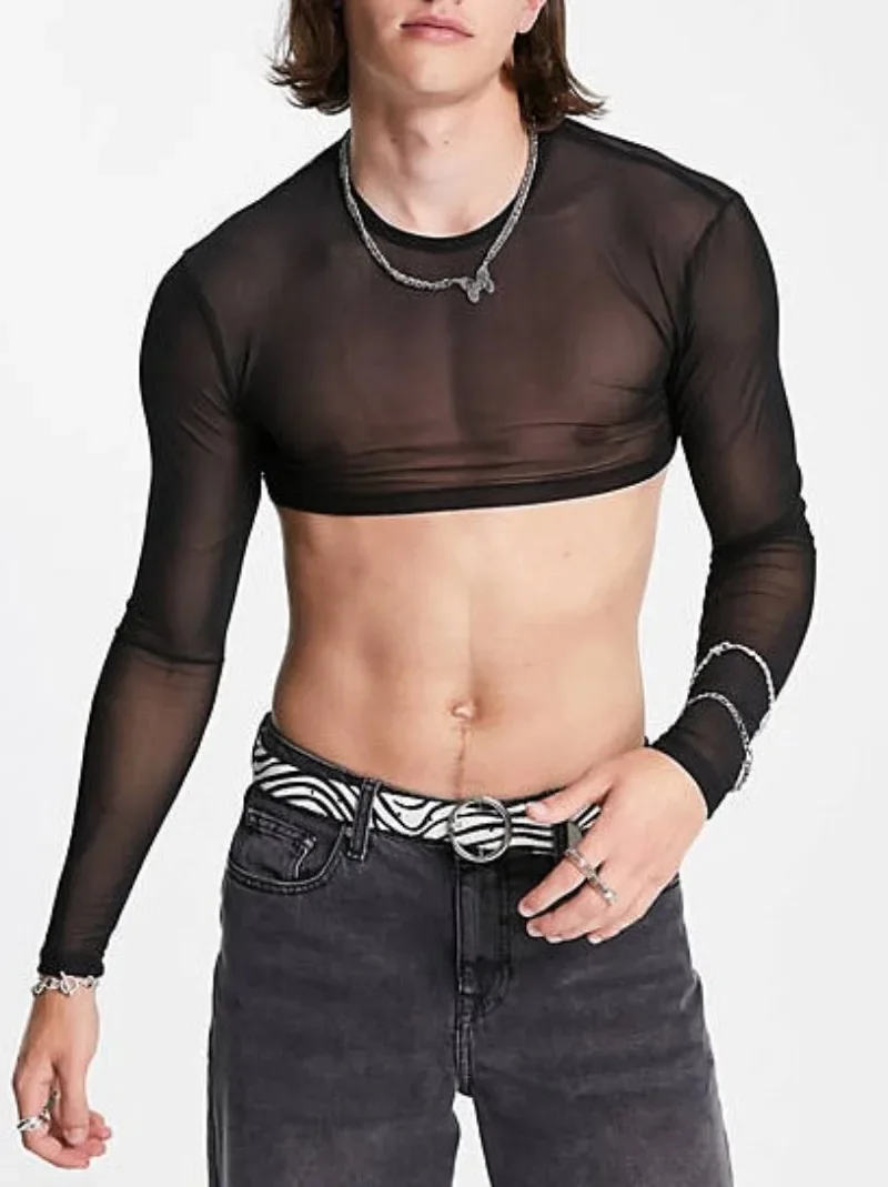 Мужской сексуальный укороченный топ с коротким рукавом для вечеринок, клубных танцев, футболка с круглым вырезом, повседневные однотонные топы