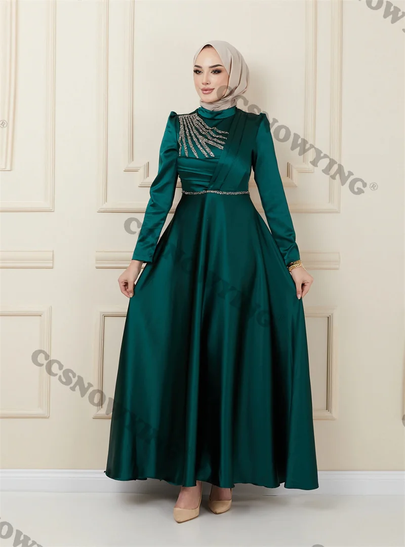 Мусульманские вечерние платья с аппликацией из бисера с длинными рукавами, Атласные исламские вечерние платья с высоким воротом, женские арабские халаты De Soirée