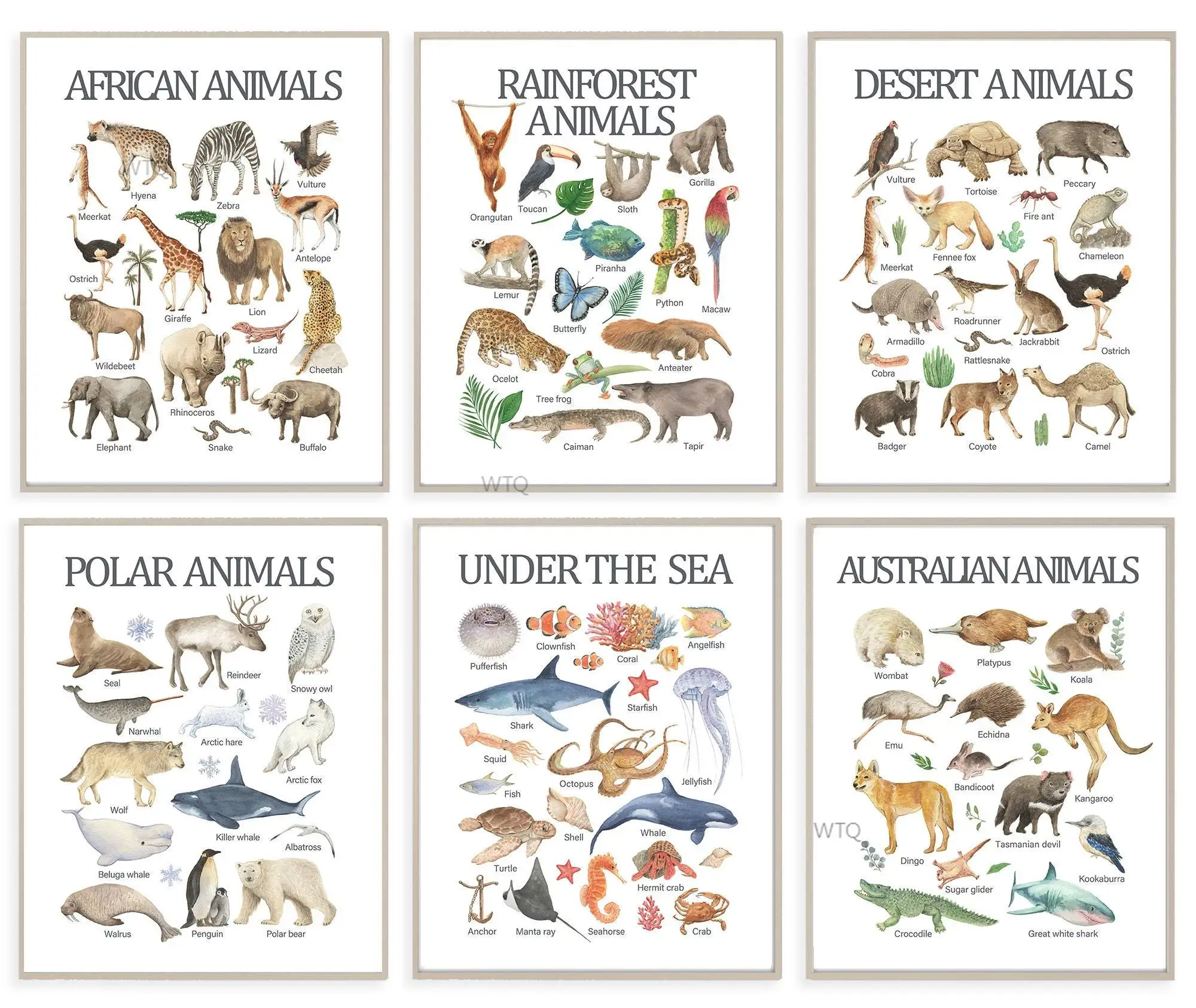 Набор Nordic Farm Polar Animals, 6 обучающих настенных рисунков для печати, домашняя школа, домашний школьный принт, акварельный декор