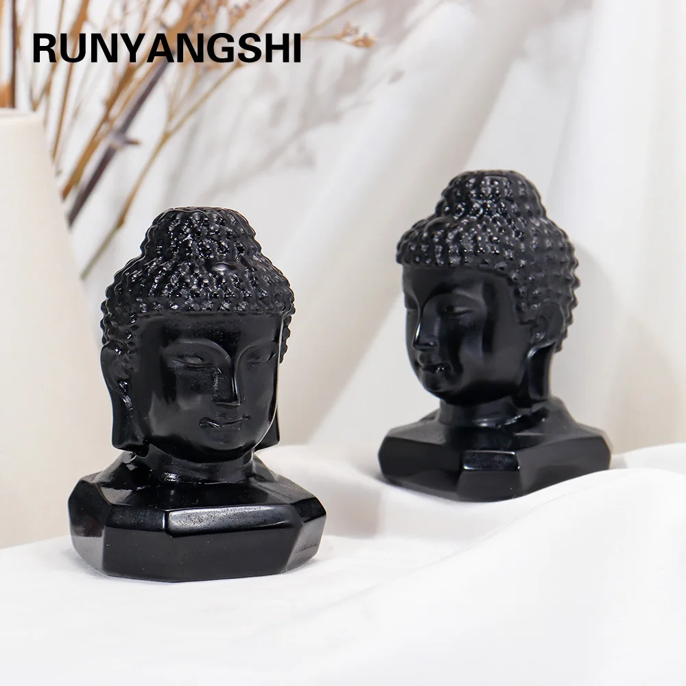 Натуральная Голова Будды из черного обсидиана, Отполированная вручную Оригинальными Каменными украшениями, Скульптура 
