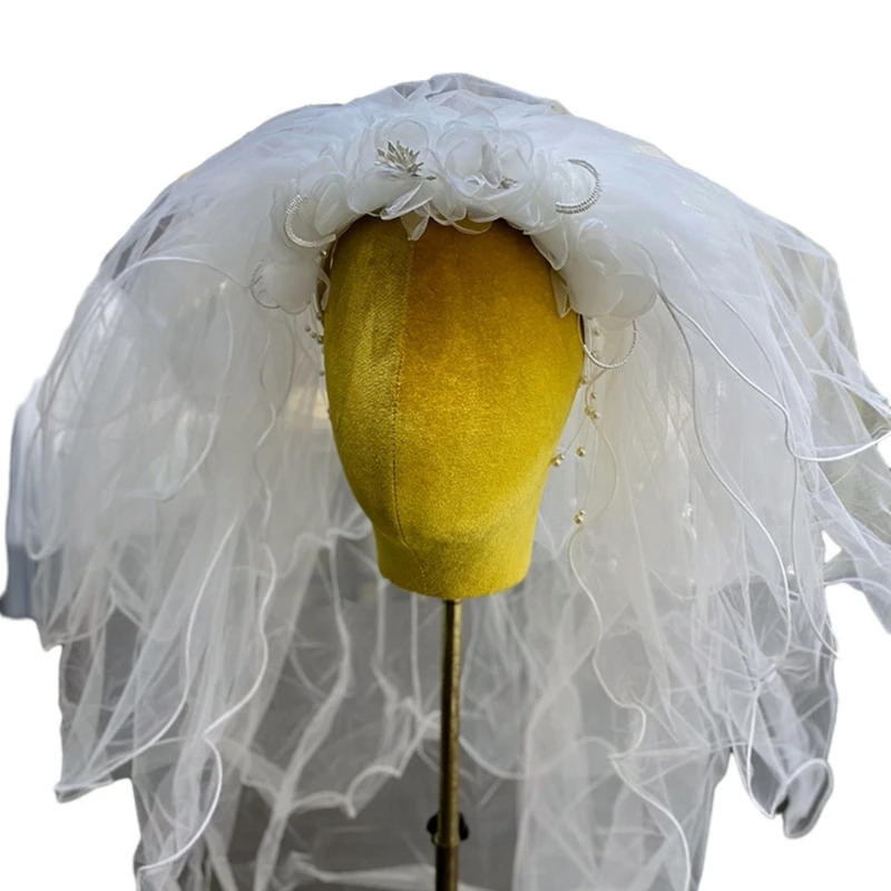 Невеста Белый тюль с бисерным цветком Изящная невеста Банкетная вечеринка Длинная вуаль для фотосъемки
