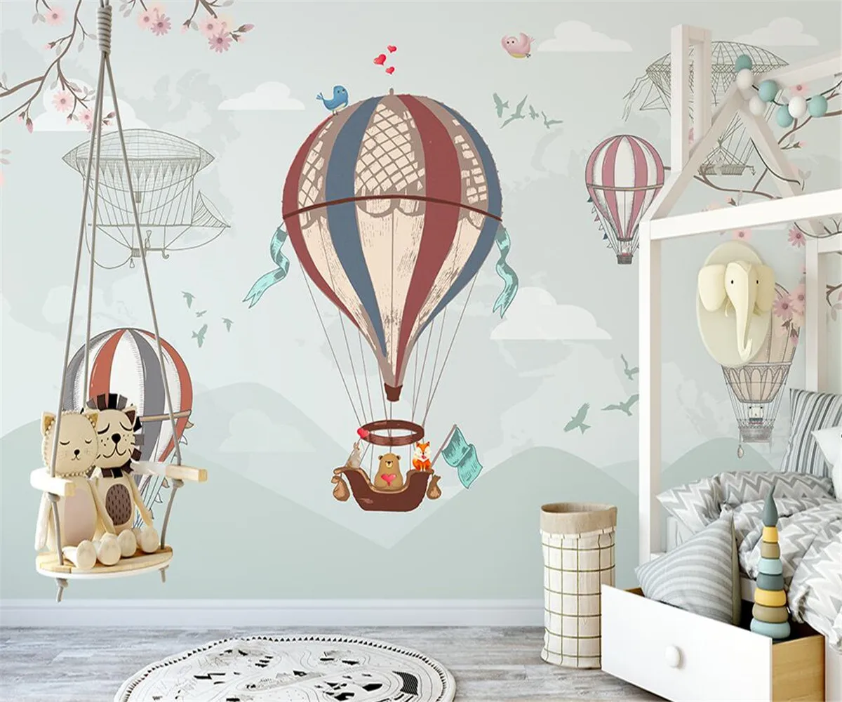 Обои на заказ, ручная роспись, скандинавский воздушный шар, мультяшные зверушки, детская комната, фоновая стена в помещении, 3D обои