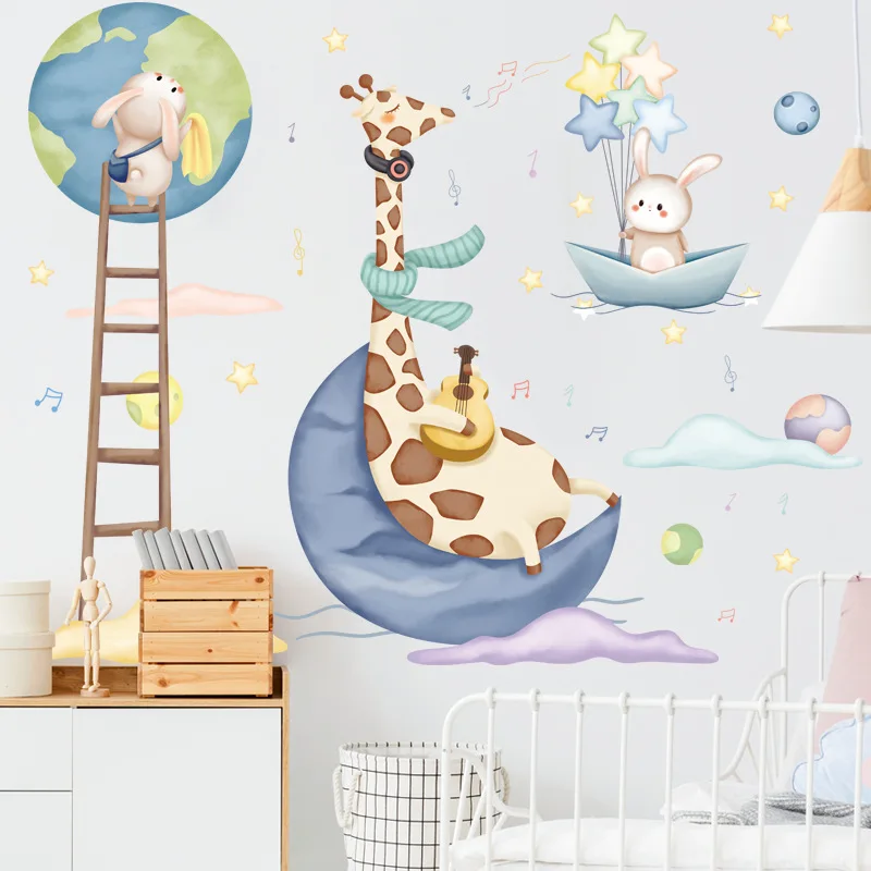 Обои с мультяшными животными, Земля, Луна, наклейка с жирафом, украшение детской комнаты, самоклеящиеся фоновые наклейки с кроликом на стену