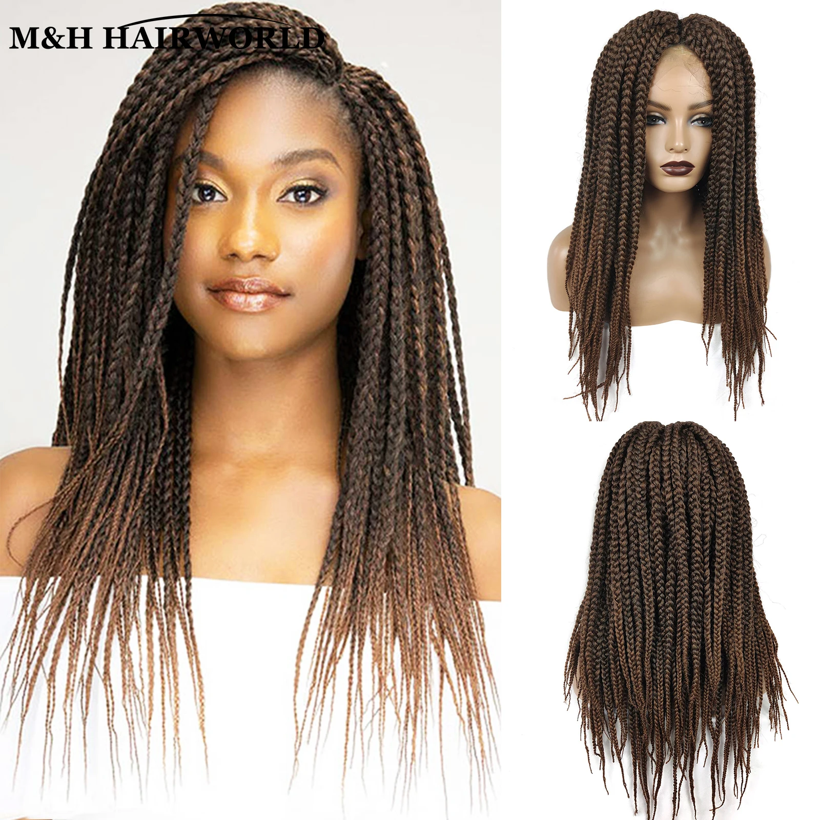 Омбре Шоколадно-коричневого цвета, синтетические волосы на кружеве, плетеные парики для чернокожих женщин, длинная коса в клетку, Бесклеевые кружевные фронтальные парики