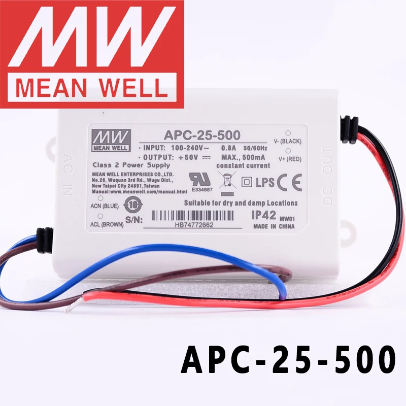 Оригинальный Mean Well APC-25-500 meanwell постоянного тока 500 мА, 25 Вт, светодиодный импульсный источник питания с одним выходом