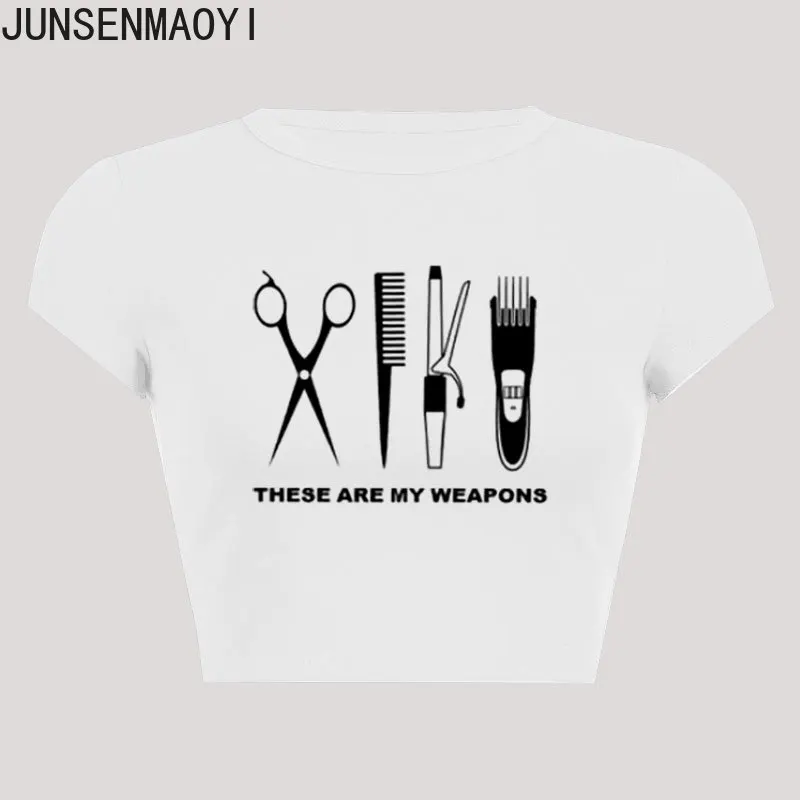 Парикмахерские ножницы с принтом оружия, Новые летние женские топы с коротким рукавом и круглым вырезом, укороченный пупок, модная футболка