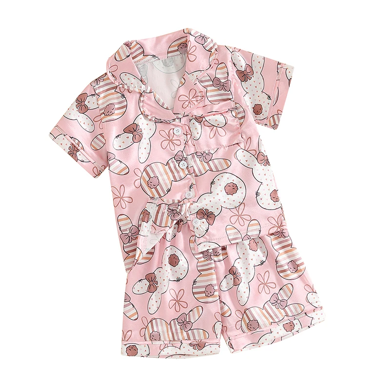 Пасхальная пижама для маленьких девочек с принтом кролика, рубашка на пуговицах и пижамные шорты, шелковые пижамные комплекты, милая летняя одежда