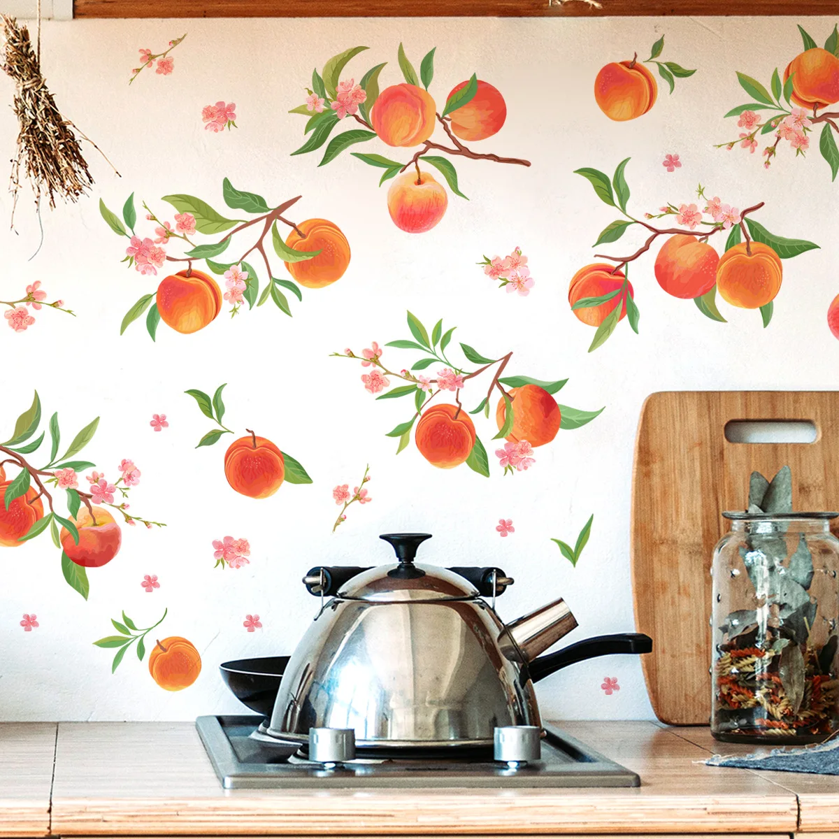 Персиковые фрукты, Цветы, Фоновая наклейка на стену Для кухни, гостиной, украшения спальни, Самоклеящиеся обои, современный домашний декор