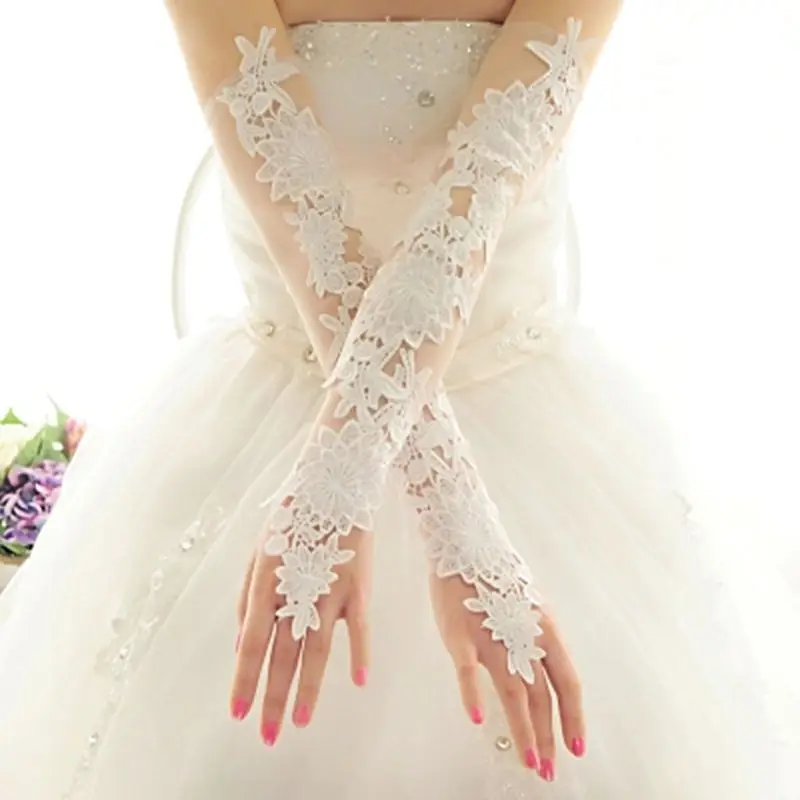 Перчатки для свадебного платья для новобрачных с удлиненным крючком, кружевные перчатки с вышивкой
