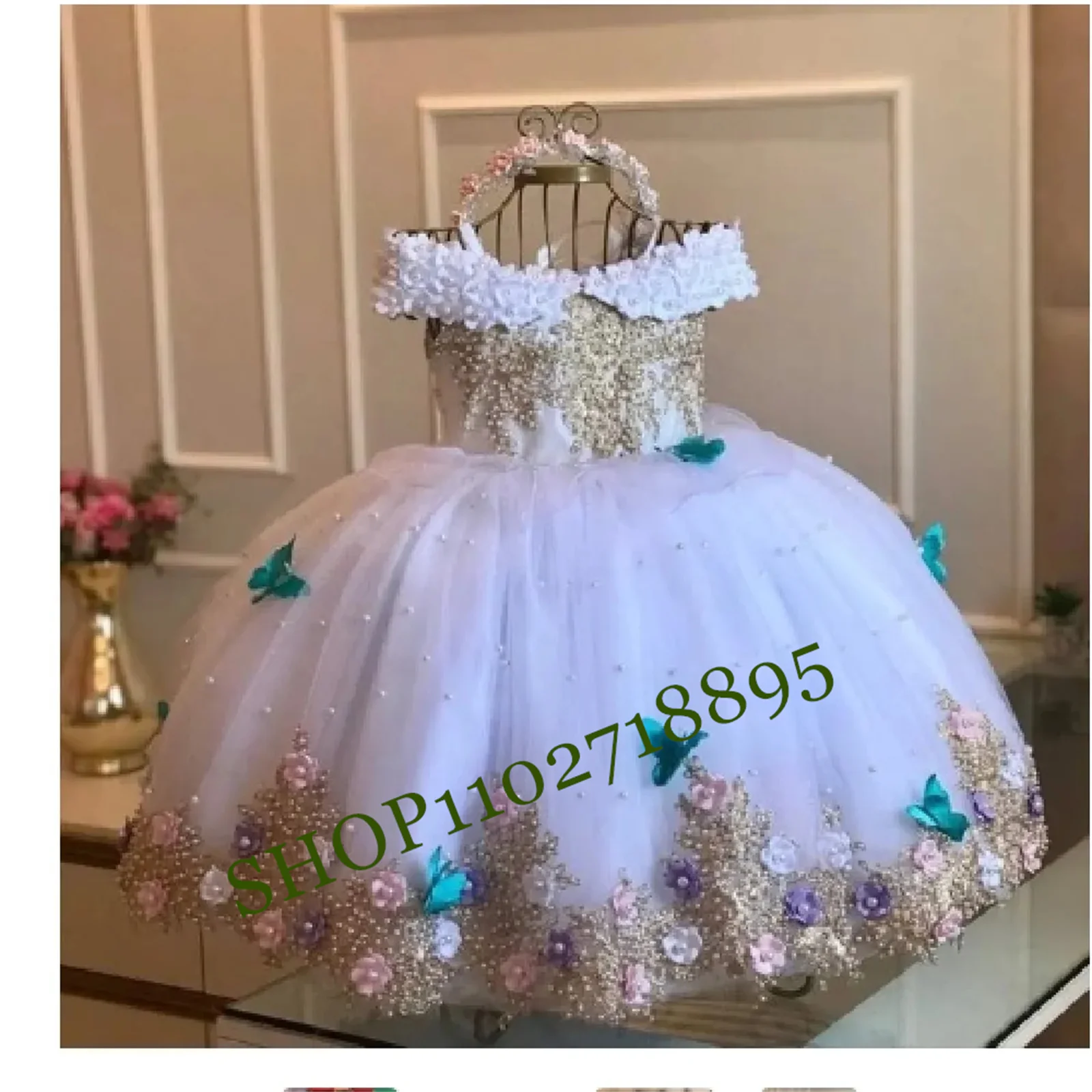 Платье для девочки в цветочек, детское платье с открытыми плечами, жемчуг, кружева, бабочки, платье для первого дня рождения, платье принцессы для причастия