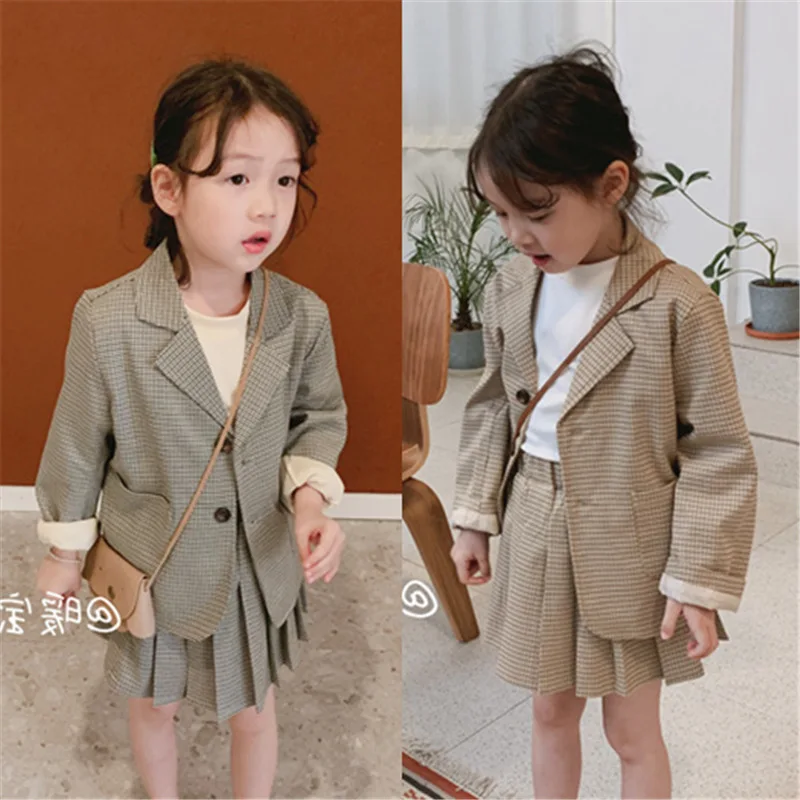 Повседневный осенний костюм-блейзер для маленьких девочек 3-8 лет, серо-коричневые клетчатые однобортные пальто, кардиганы с карманами, плиссированные юбки