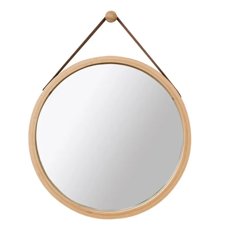 Подвесное круглое настенное зеркало в ванную и спальню - массивная бамбуковая рама и регулируемый кожаный ремешок
