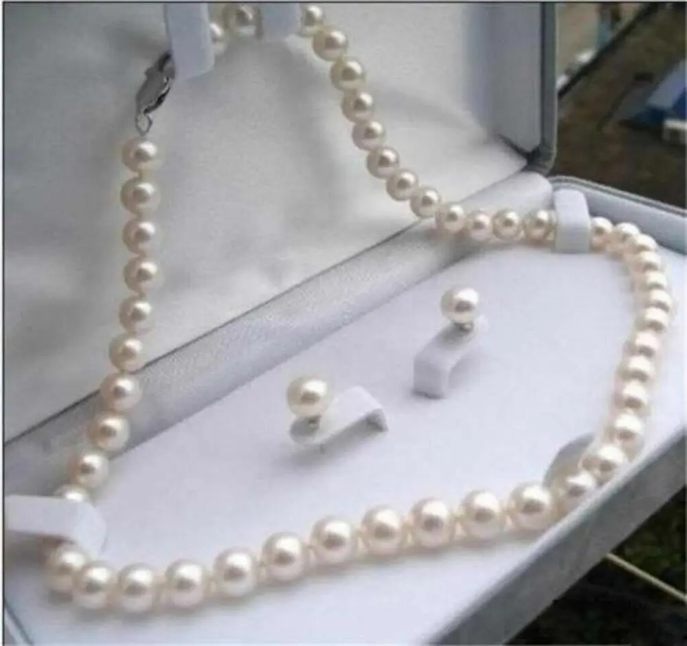 Подлинный натуральный 7-8 мм белый культивированный жемчуг, 18-дюймовое ожерелье, серьги, набор