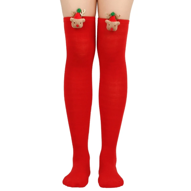 Полосатые носки выше колена, чулки с 3D плюшевым оленем на Рождество