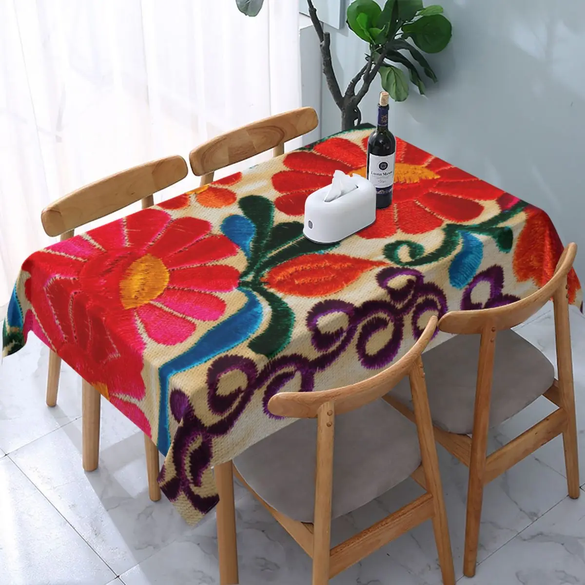 Прямоугольная водонепроницаемая скатерть с вышивкой Мексиканскими цветами, Эластичный край на подкладке, Текстильная цветочная народная скатерть