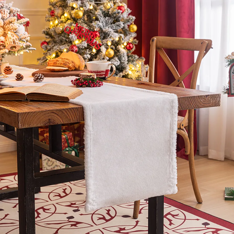 Рождественский белый плюшевый настольный флаг 1шт, Простое зимнее праздничное украшение для дома, Скатерть, бегунки для стола
