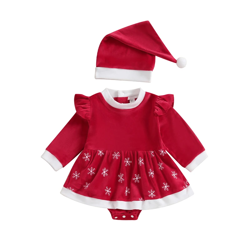 Рождественский наряд для маленьких девочек, круглый вырез с длинным рукавом, снежное платье-комбинезон в стиле пэчворк со шляпой, комплект одежды