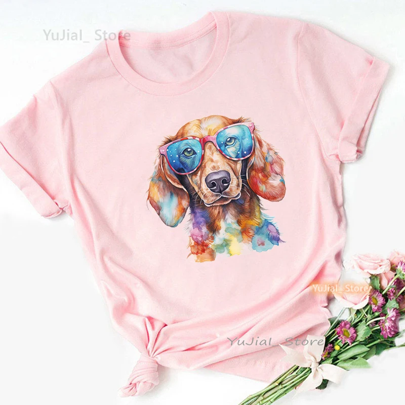 Розовая футболка с принтом Бернской горы / таксы с животными Женская одежда 2024 Kawaii Футболка для любителей собак Летние топы для девочек, футболка