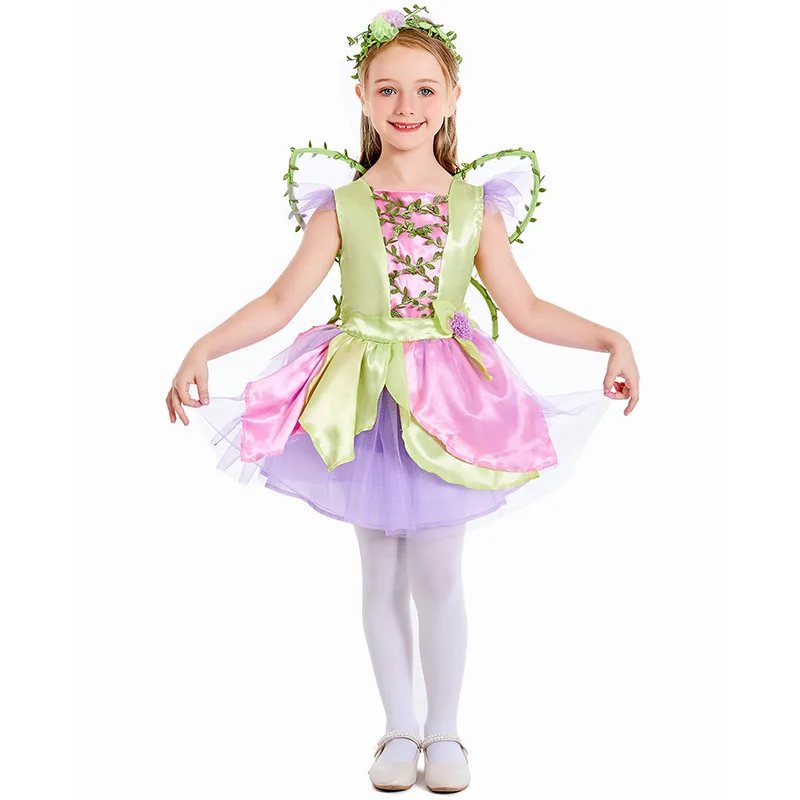 Розовое бальное платье Tinkerbell для девочек Маскарадный костюм на Хэллоуин Весенняя фея с крыльями Детский костюм
