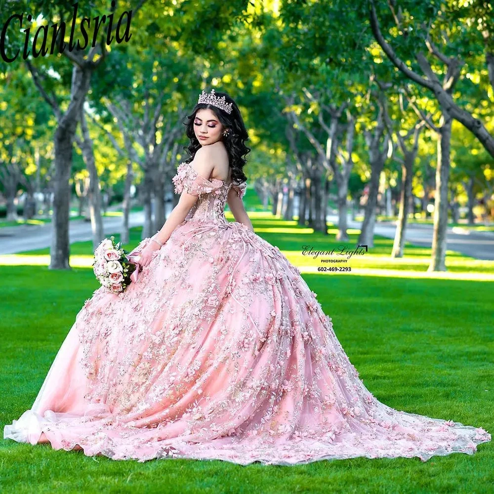 Розовое кружевное платье с блестками и оборками, бальное платье, пышные платья с открытыми плечами, корсет с 3D цветами, Vestidos De 15 Años