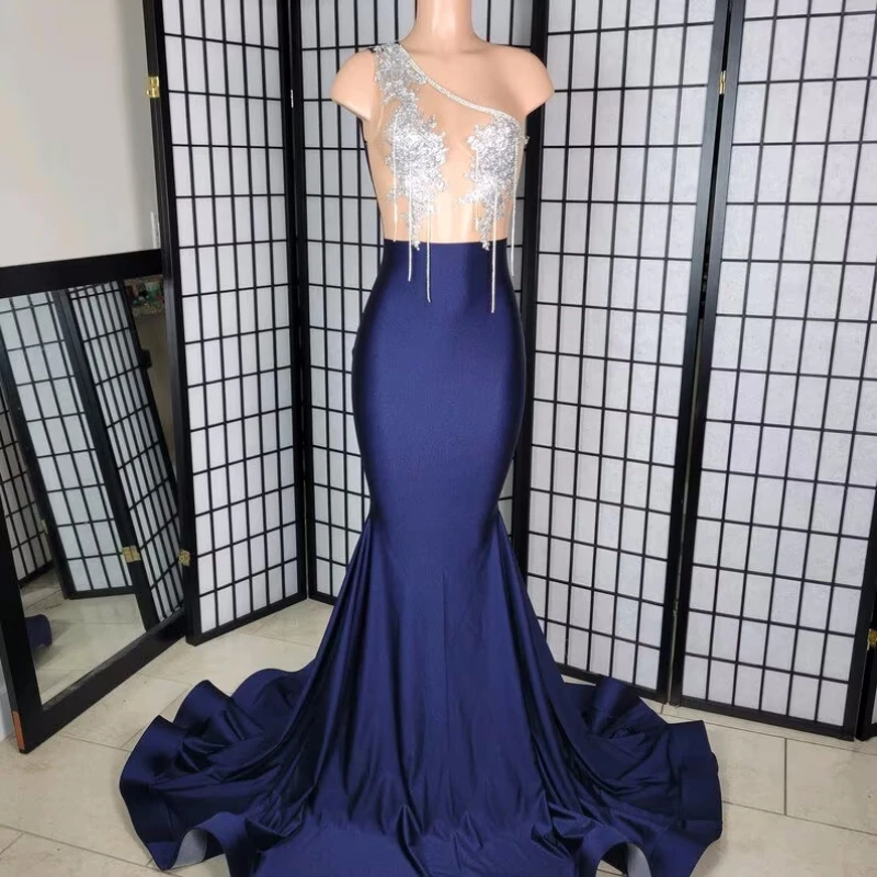 Роскошное голубое платье выпускного вечера Русалки 2023 с кристаллами на одно плечо, бусины, горный хрусталь, вечернее платье для невесты, бальное платье, халат для бала
