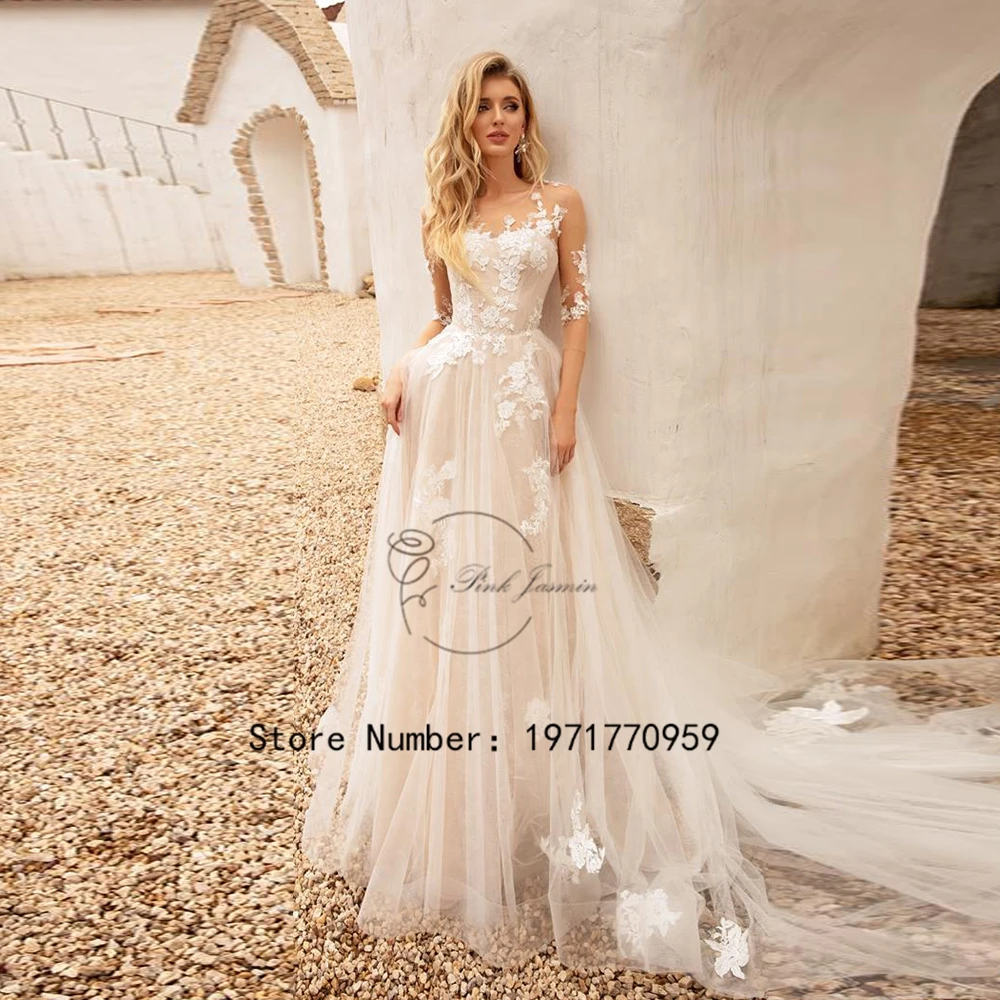 Свадебное платье с короткими рукавами цвета светлого шампанского с круглым вырезом, иллюзия Невесты, вечерние платья с аппликацией, придворный шлейф, Современное свадебное платье трапециевидной формы