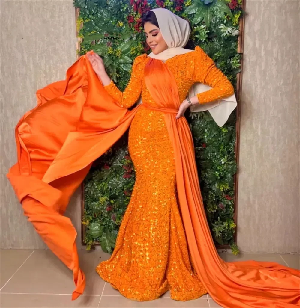 Сексуальное оранжевое платье в стиле русалки с пайетками, с длинным рукавом, облегающее бедра, длиной до пола, коктейльное платье для выпускного вечера, роскошное женское вечернее платье на заказ