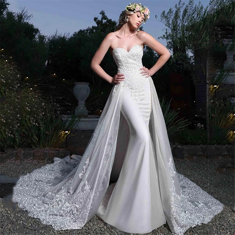 Сексуальные свадебные платья русалки со съемным шлейфом, тюлевые кружевные аппликации 2023 года, новые вечерние свадебные платья SF40