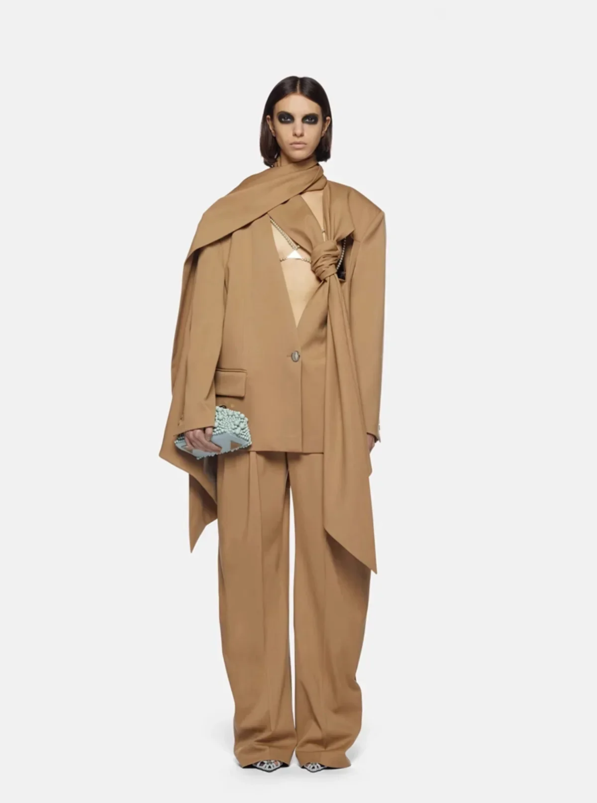 Сексуальный женский костюм, комплект из 2 предметов, блейзер с шарфом + брюки, Дизайнерская Офисная женская Деловая рабочая одежда, модное пальто для горячих девушек, брюки