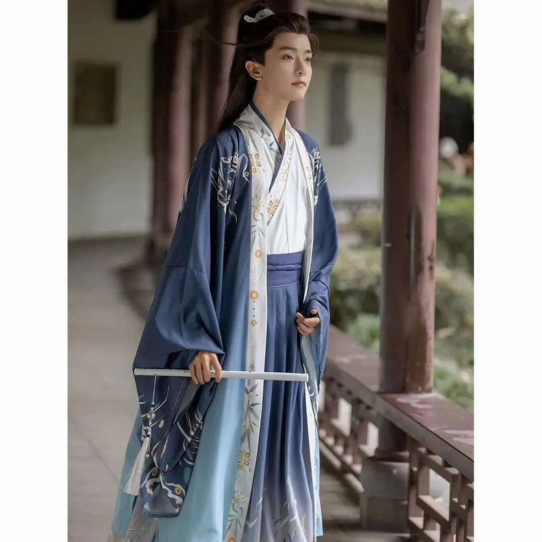 Синий китайский костюм Hanfu Tang с вышивкой, древний костюм, молодежный игровой костюм с большим рукавом и этнический костюм в пол