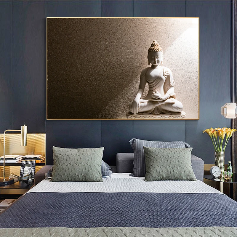 Статуя белого Будды, холст, живопись, плакаты и принты, современное настенное искусство, буддистские картины для украшения гостиной Без рамы