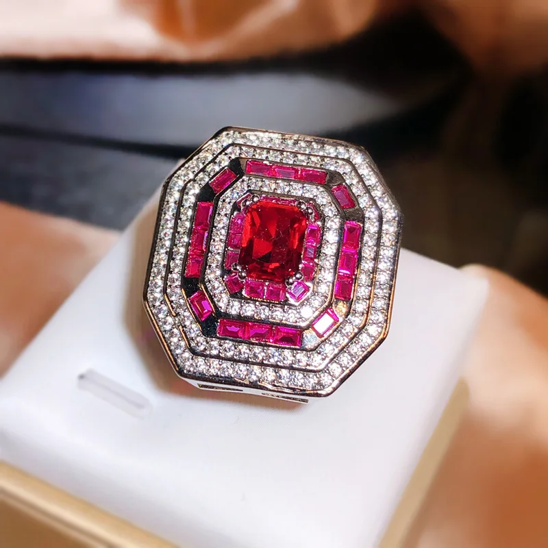 Супер Большое квадратное женское обручальное кольцо для девочек из стерлингового серебра 925 пробы, кольцо с красным кубическим цирконием, кольцо с обещанием любви, ювелирные изделия группы