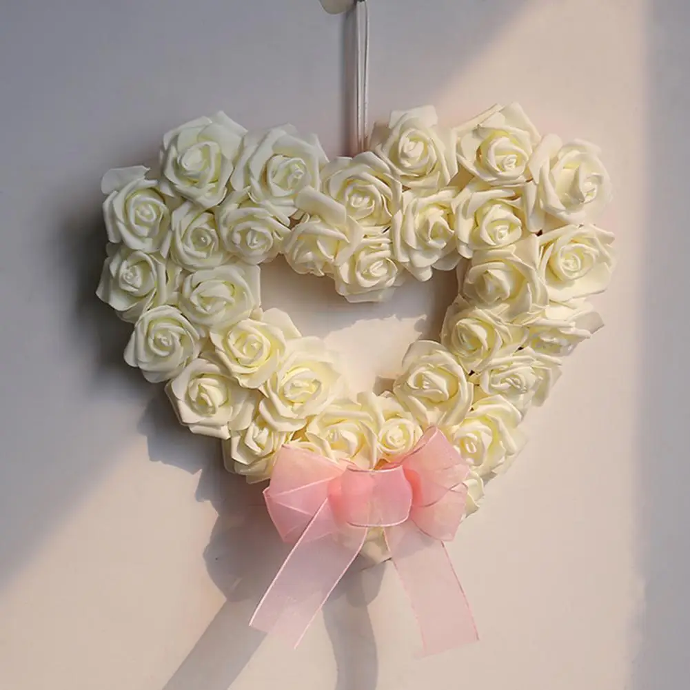 Универсальный венок, реалистичный венок из роз с бантом для свадебной вечеринки, украшение входной двери в виде сердечка любви для дома