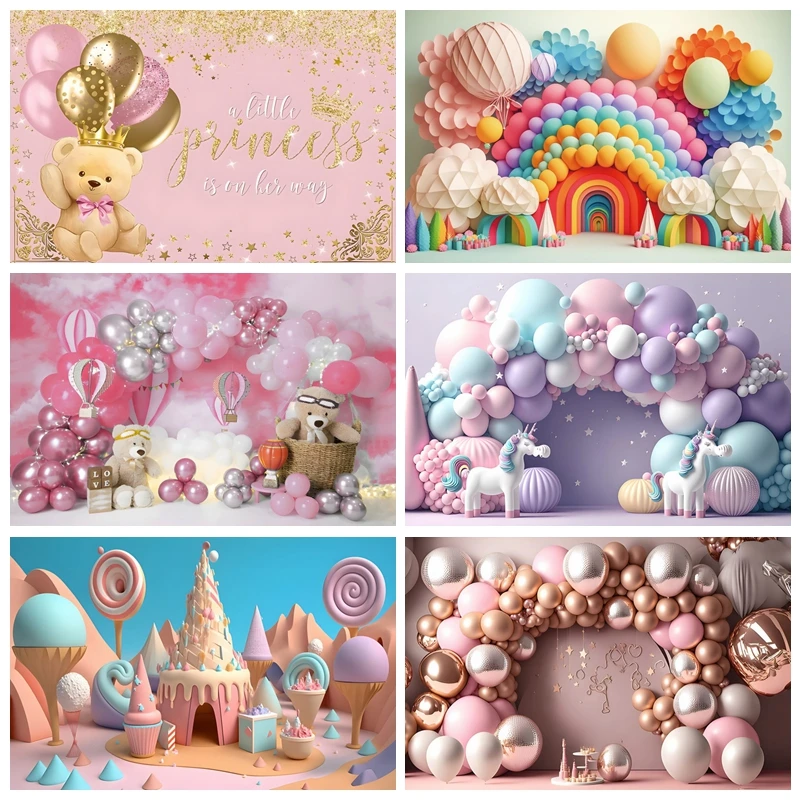 Фоны для фотосъемки на 1-й день рождения принцессы, воздушный торт, замок, воздушные шары, фон для вечеринки по случаю первого дня рождения ребенка для фотографии мальчика и девочки