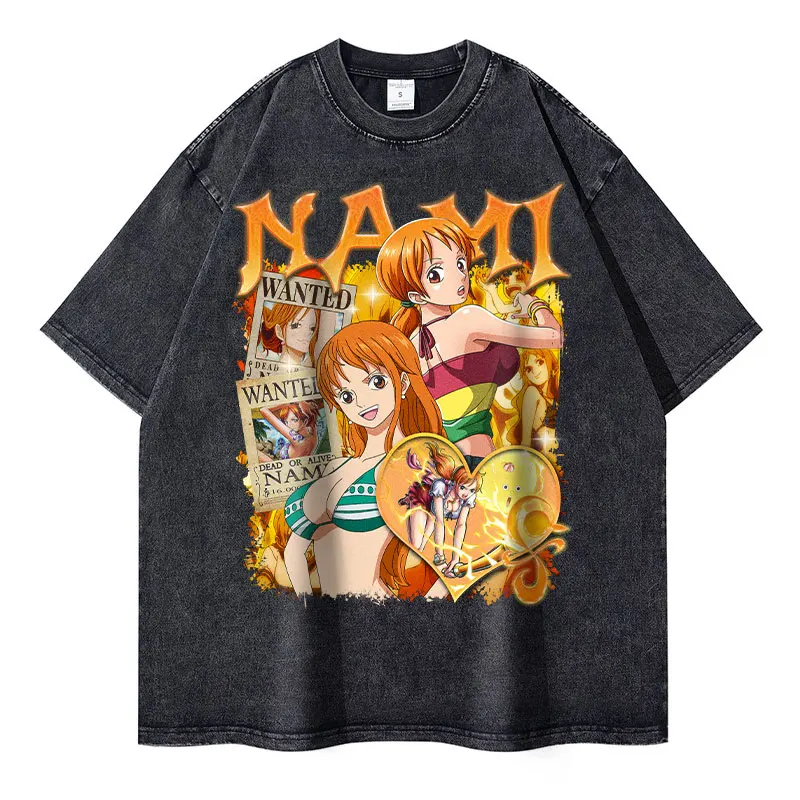Футболки Nami, уличная одежда большого размера, винтажная выстиранная футболка Anime One Piece с коротким рукавом, футболки Manga Ace Sanji Luffy Zoro, мужские футболки