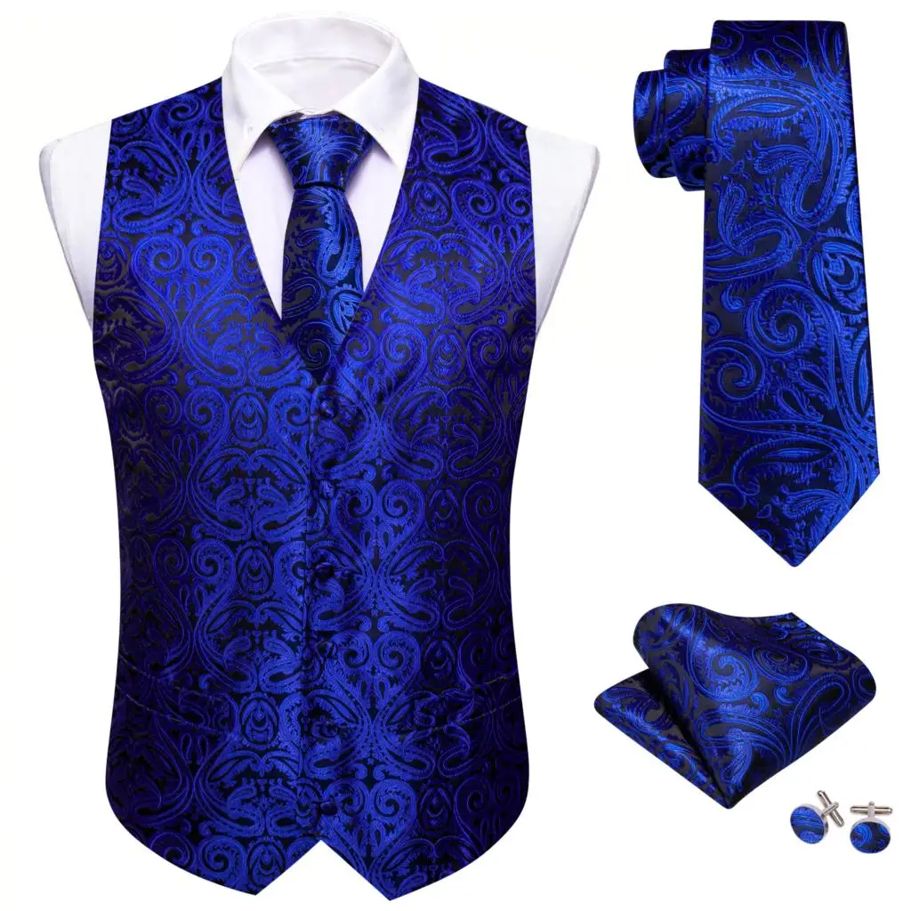 Шелковый синий Пейсли Для свадебной вечеринки, официальное мужское платье, жилет, галстук, комплект мужской одежды, Элегантные костюмы, куртка без рукавов Barry Wang