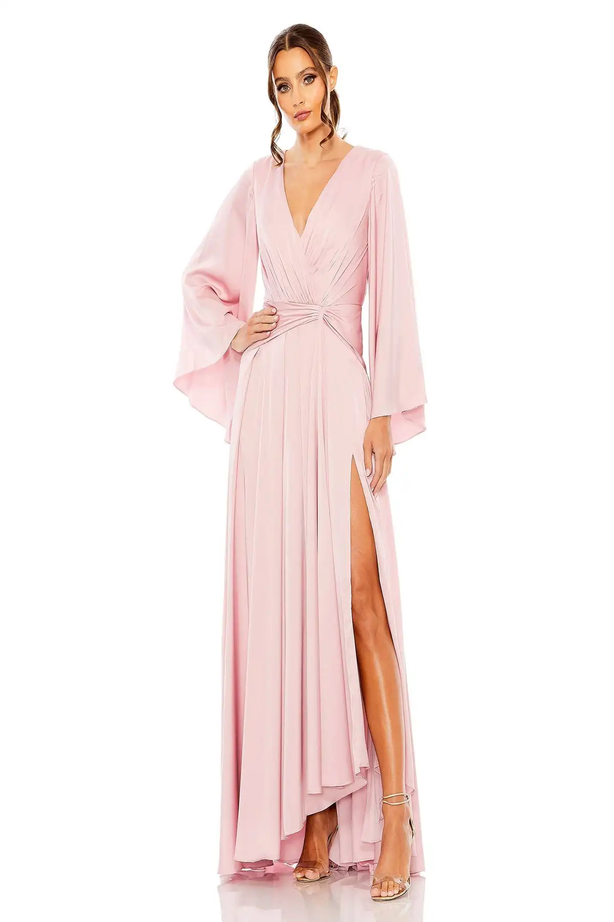 Элегантные длинные розовые шифоновые вечерние платья с V-образным вырезом и разрезом А-силуэта, плиссированное свадебное платье для гостей длиной до пола