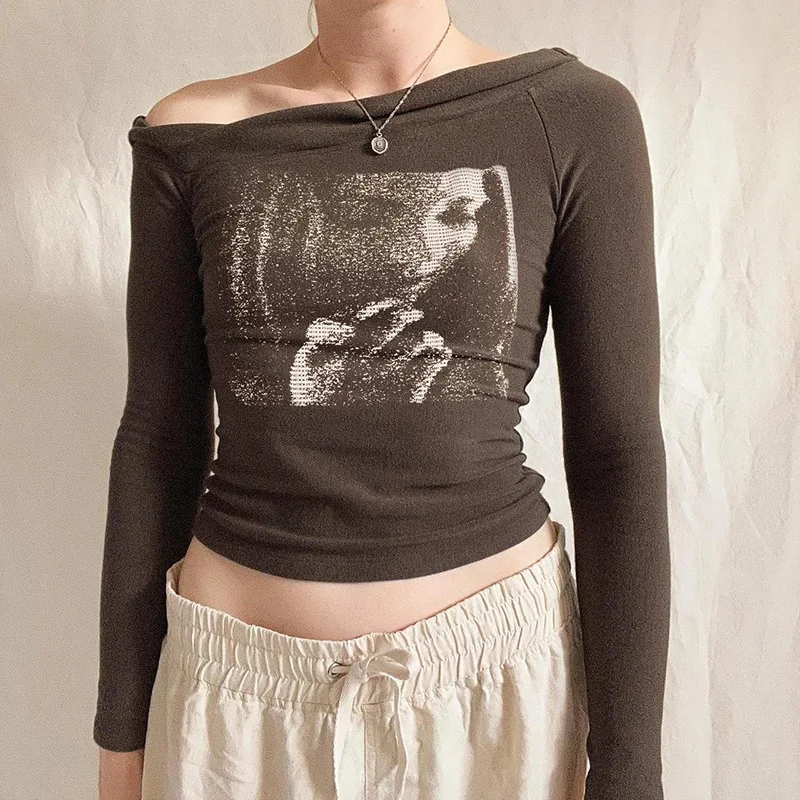Элегантный сексуальный облегающий короткий топ с круглым вырезом и длинным рукавом, винтажная футболка с рисунком на одно плечо, Женская эстетичная одежда