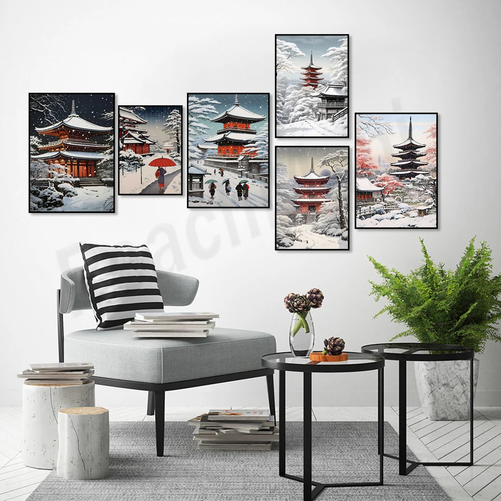 Японский ретро-пейзажный плакат, пагода и здания в снегу, женщина с зонтиком в снегу, плакат в японском стиле,